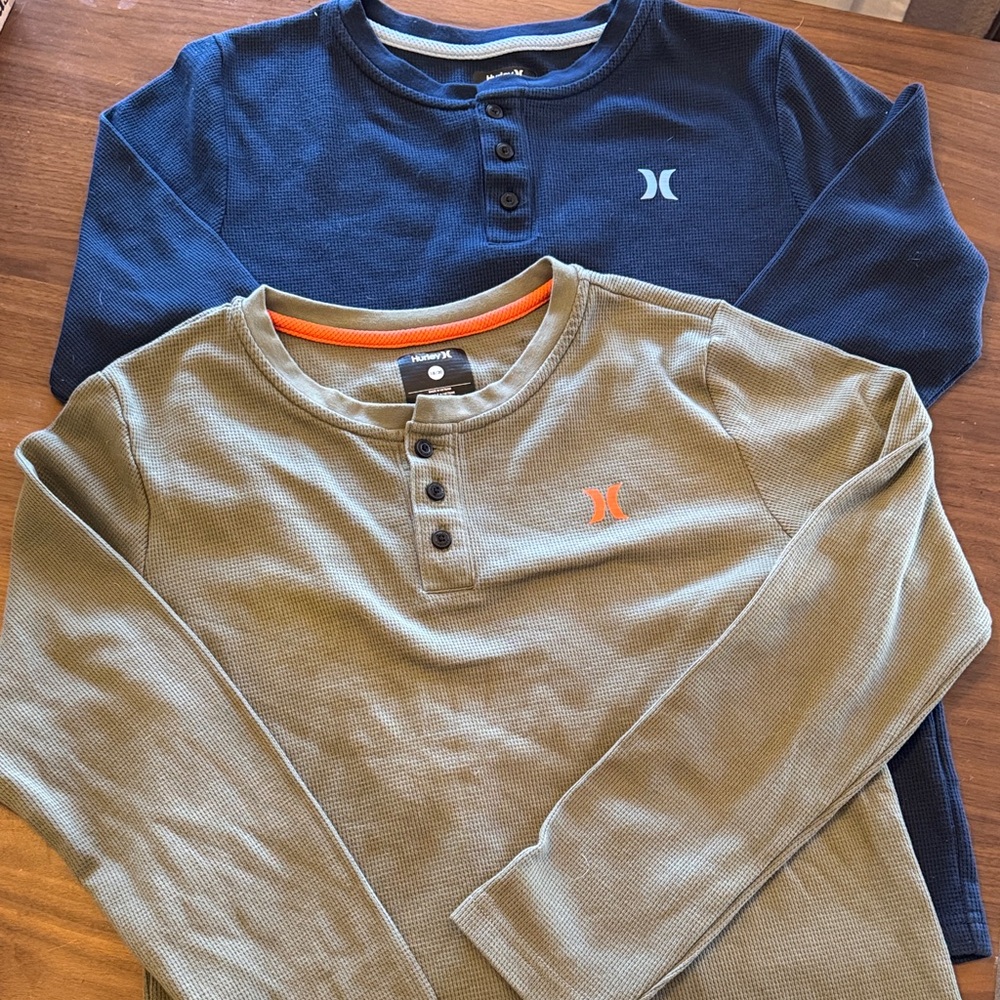 Hurley Kids' Long Sleeve Henley Shirts - Navy and Olive bundle 18/20